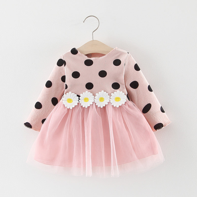 Baby Girl Long Sleeve Polka Dot Waist Flower Mesh  Princess Dress