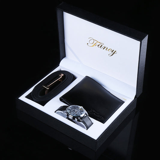 Fashion Men's Quartz Wrist Watch Clock Belt Wallet Gift Box Three-piece Set
