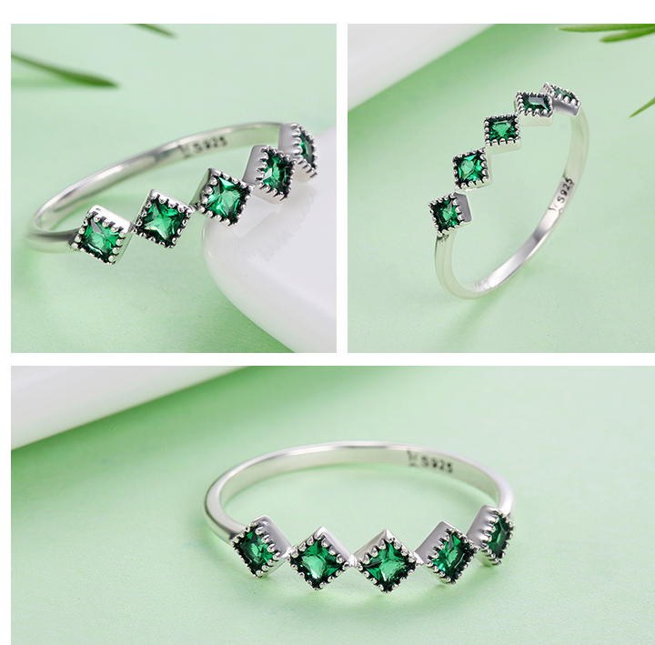 S925 Sterling Silver Inlaid Green Gemstone Ring Women