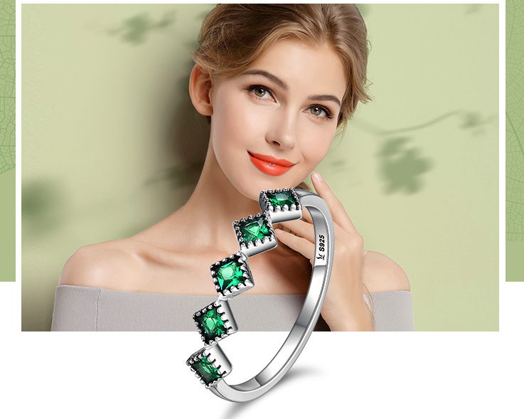 S925 Sterling Silver Inlaid Green Gemstone Ring Women