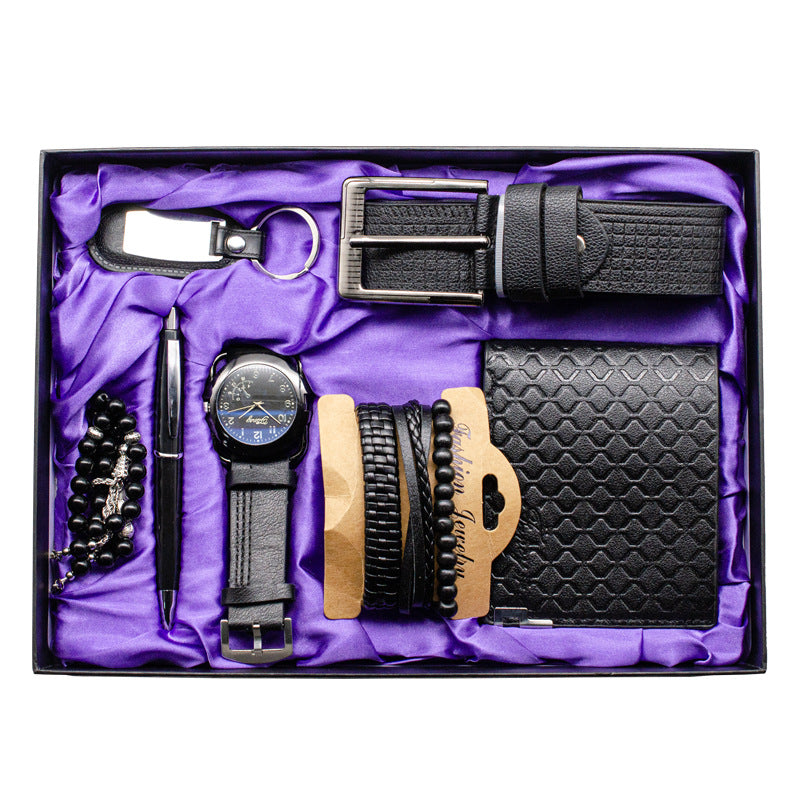 Seven-piece Watch Wallet Belt Bracelet Keychain Beads Pen Sleeve Box Men's Gift Set