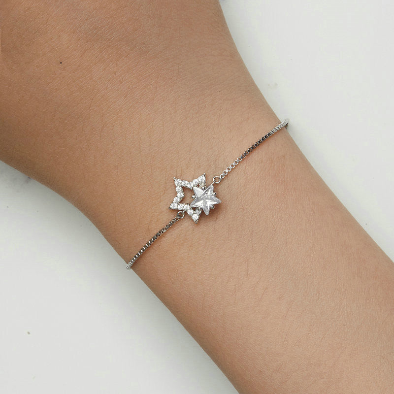 Double Circles Star S925 Sterling Silver White Gold Plated Five-pointed Star Ornament Bracelet