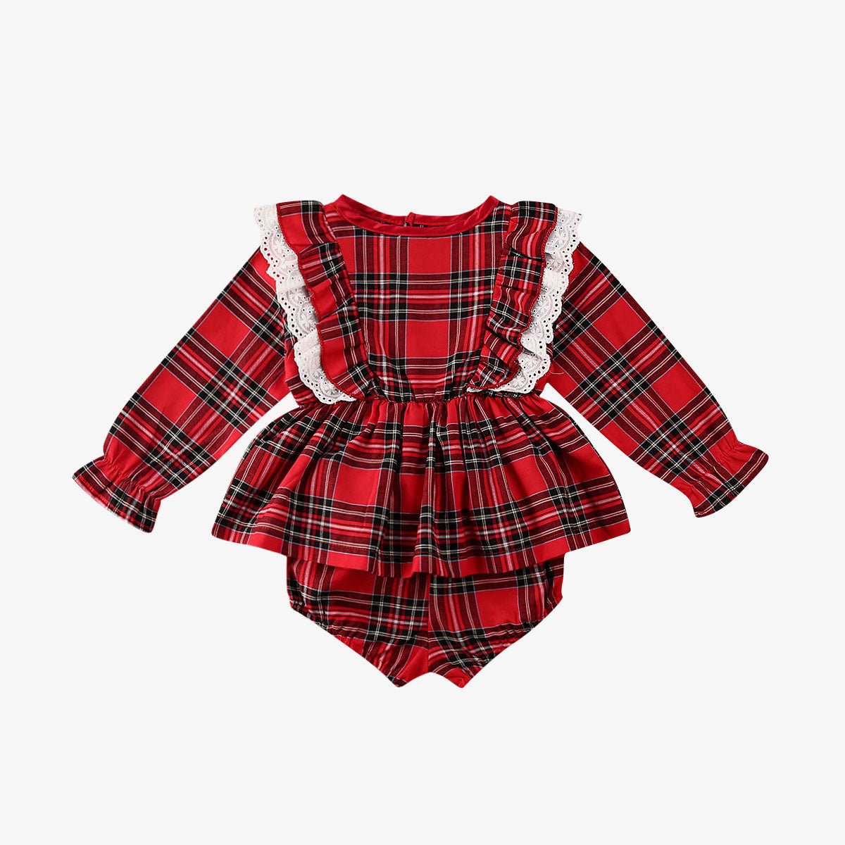 Cute Bow Girl Baby Lace Trim Red Plaid Small Suit