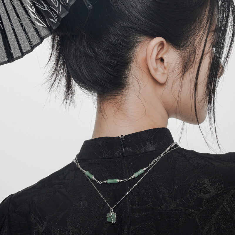 Chinese Style Square Bead Green Aventurine Pendant