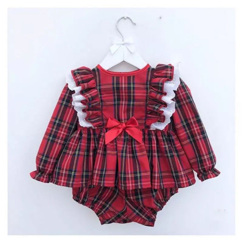 Cute Bow Girl Baby Lace Trim Red Plaid Small Suit