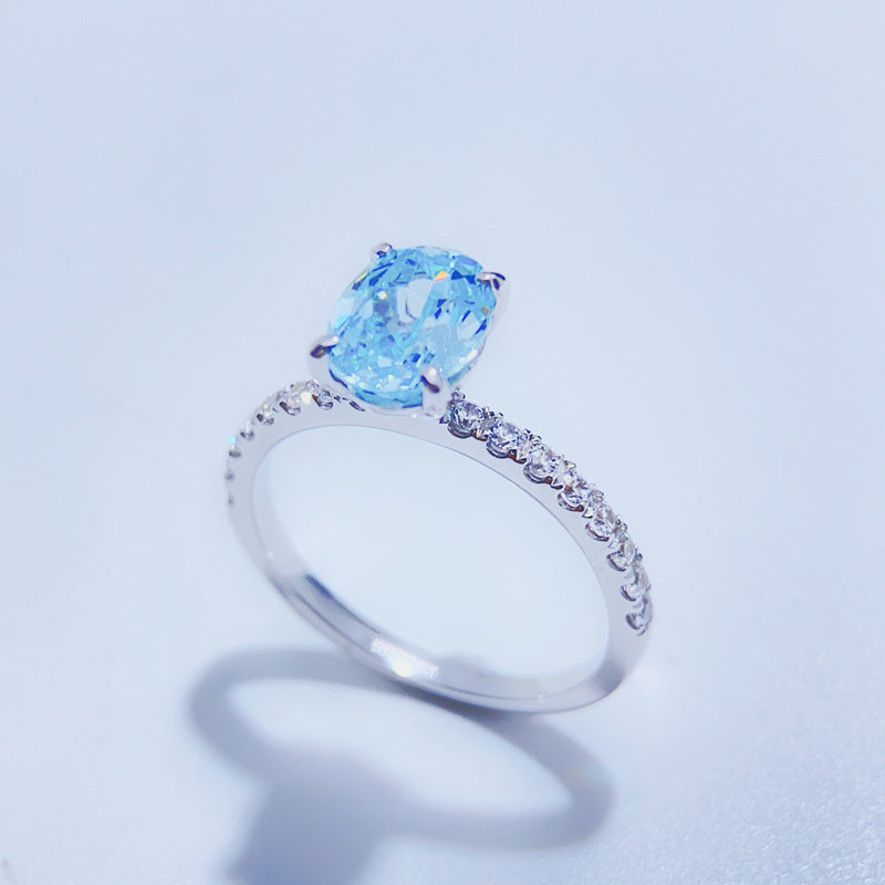 S925 Sterling Silver High Carbon Diamond Aquamarine Ring For Women