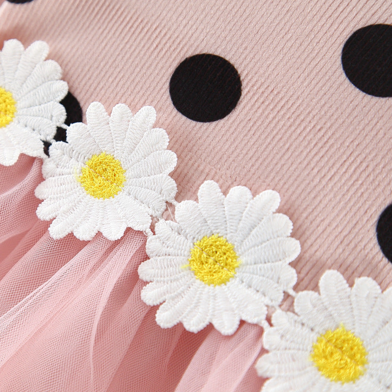Baby Girl Long Sleeve Polka Dot Waist Flower Mesh  Princess Dress