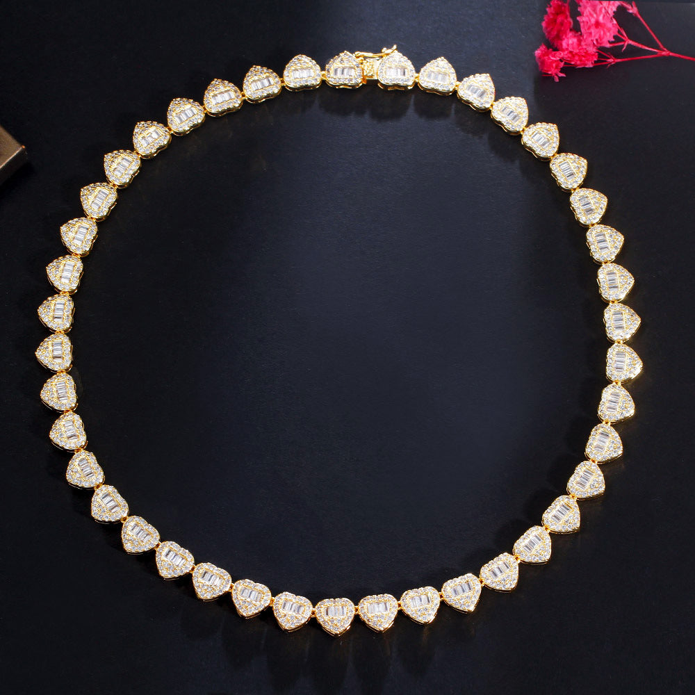 Cuban Heart-shaped Zircon Hip Hop Full Diamond Peach Heart Stitching Necklace