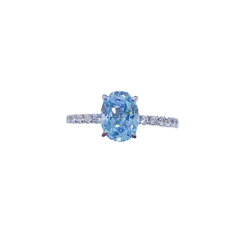 S925 Sterling Silver High Carbon Diamond Aquamarine Ring For Women