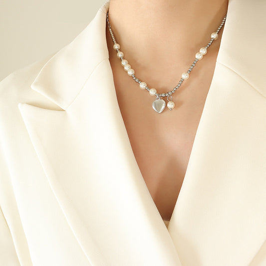 Titanium Steel Pearl Love Heart Pendant Necklace