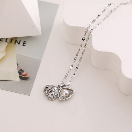 Shell Pearl Pendant Titanium Steel Ornament Necklace Light Luxury Advanced Micro Inlay Rhinestones