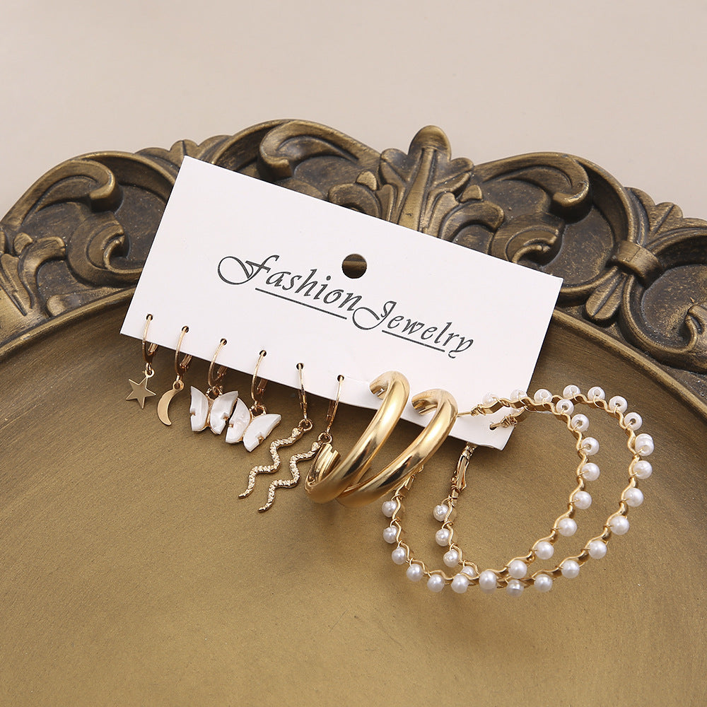 Simple Temperament Dripping Butterfly Snake Pearl Earrings 5-piece Set
