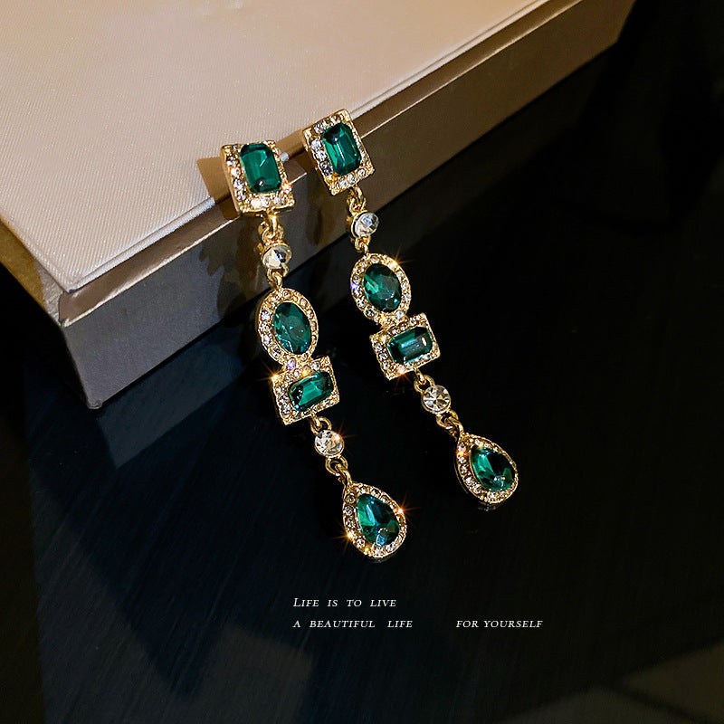 925 Silver Needle Geometric Diamond Green Earrings French Retro Light Luxury Earrings Court Style Long Elegant Earrings For Women