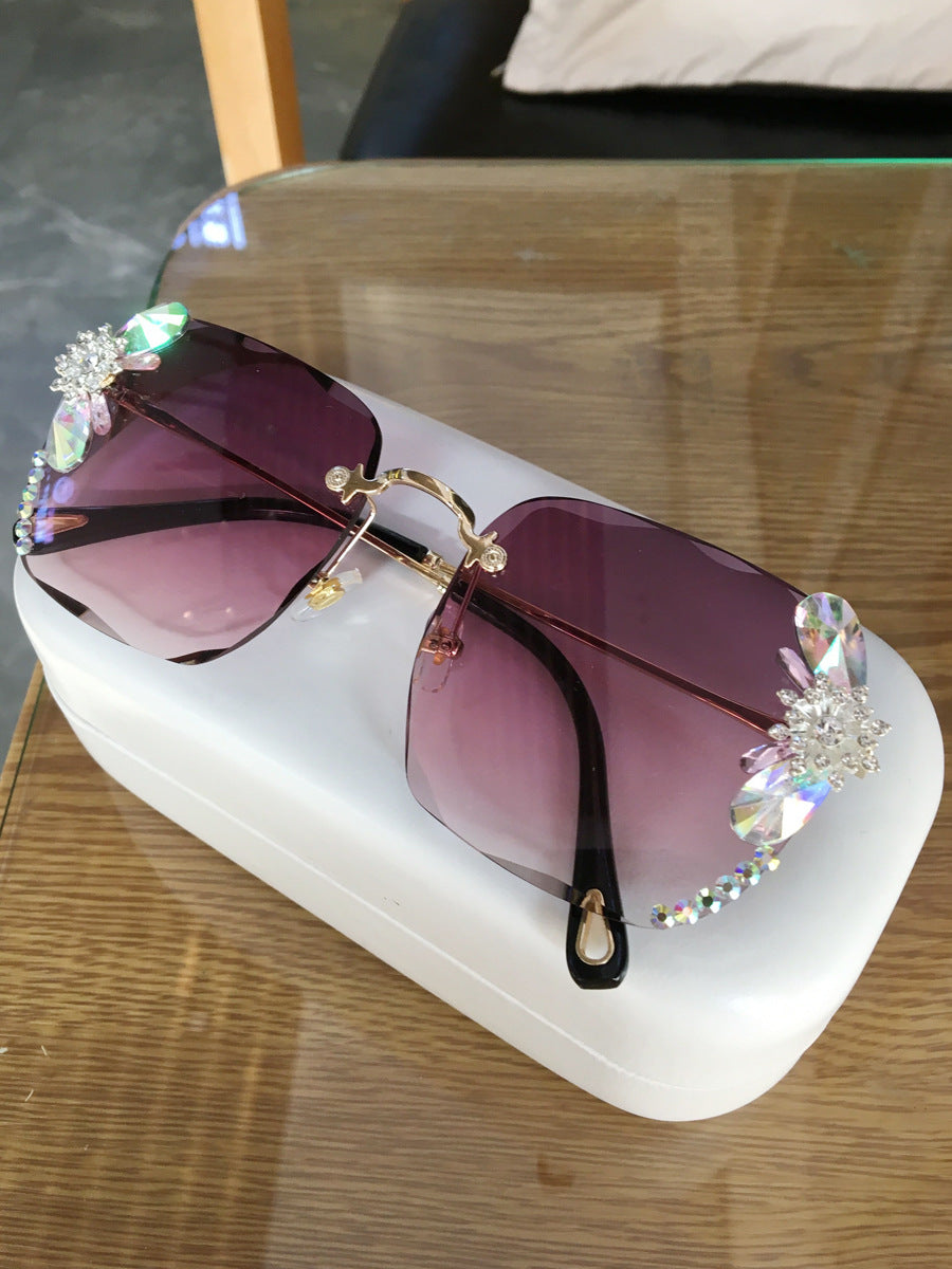 Frameless Trendy Rhinestone Sunglasses, Gradient Luxury Sunglasses Women