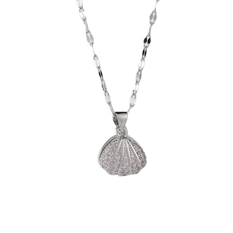Shell Pearl Pendant Titanium Steel Ornament Necklace Light Luxury Advanced Micro Inlay Rhinestones